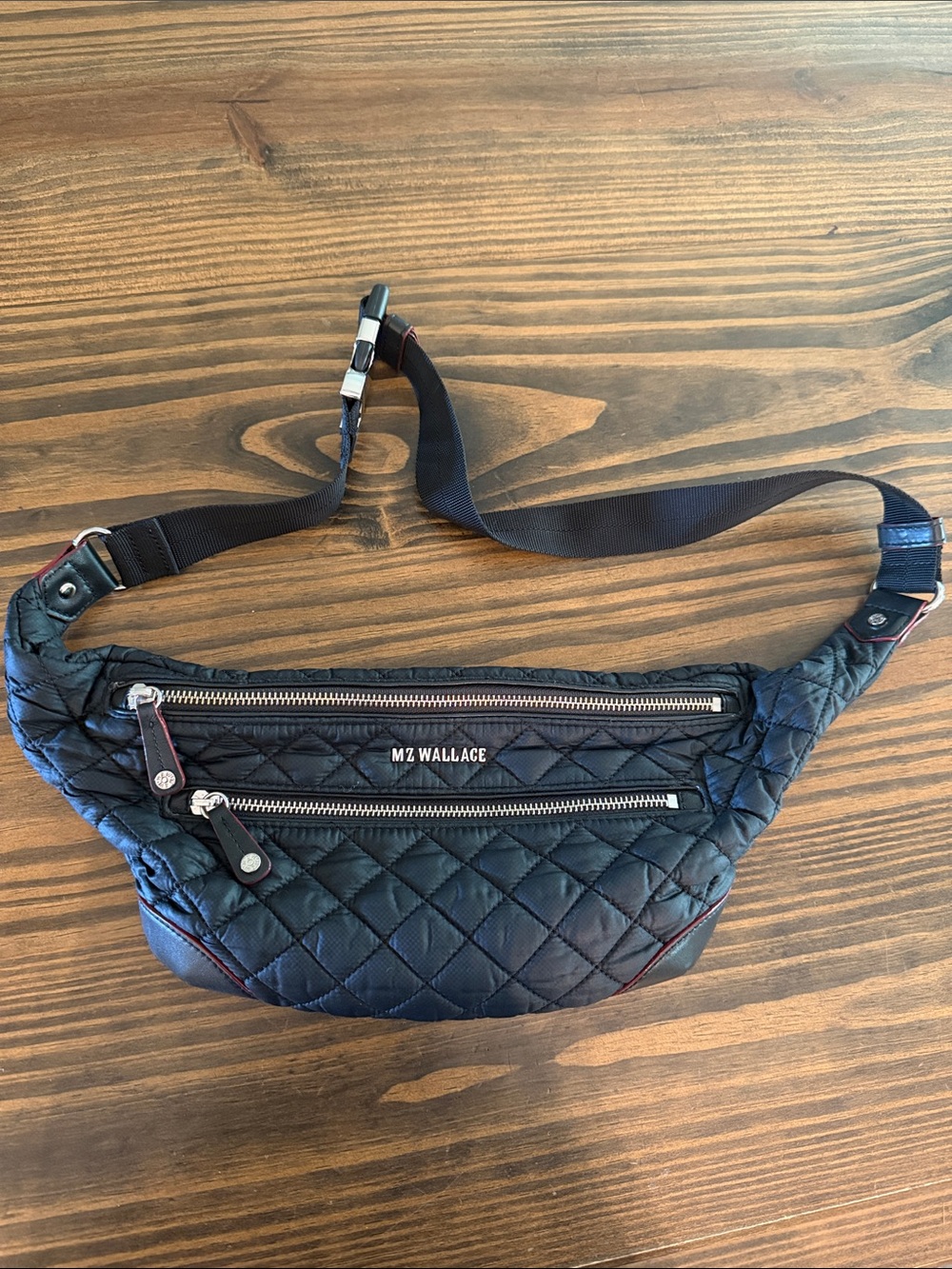 MZ Wallace Black Quilted Nylon Belt Bag with Silver Hardware